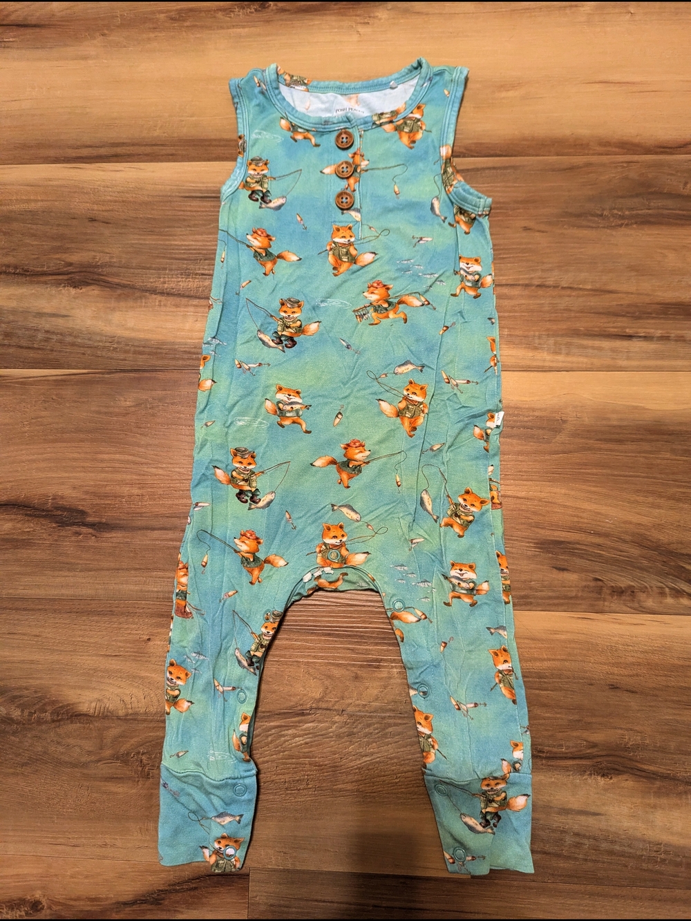 Posh Peanut Aqua Fox Fishing Print Sleeveless Romper 2t